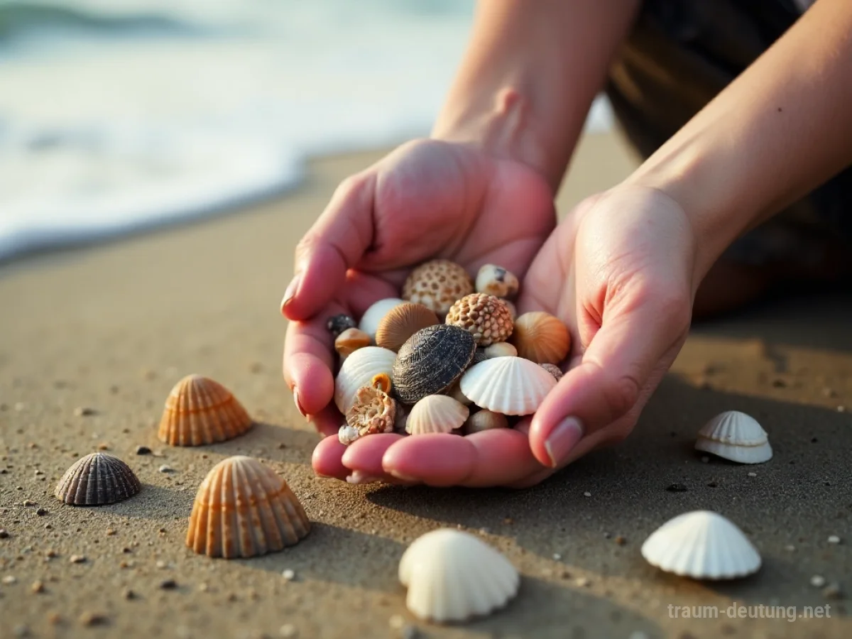 Hände sammeln viele verschiedene Muscheln am Strand