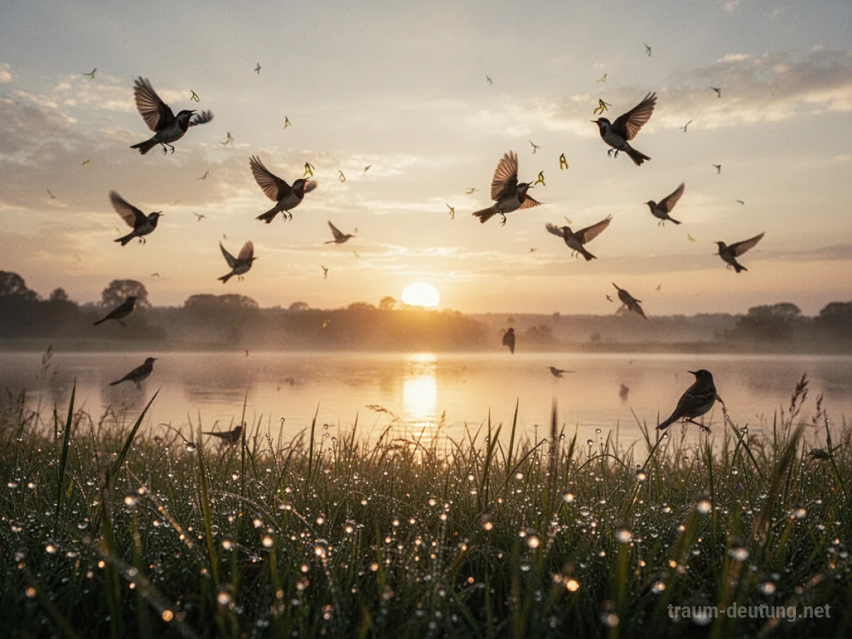 Sonnenaufgang mit singenden Vögeln am Himmel über einer taufrischen Wiese.