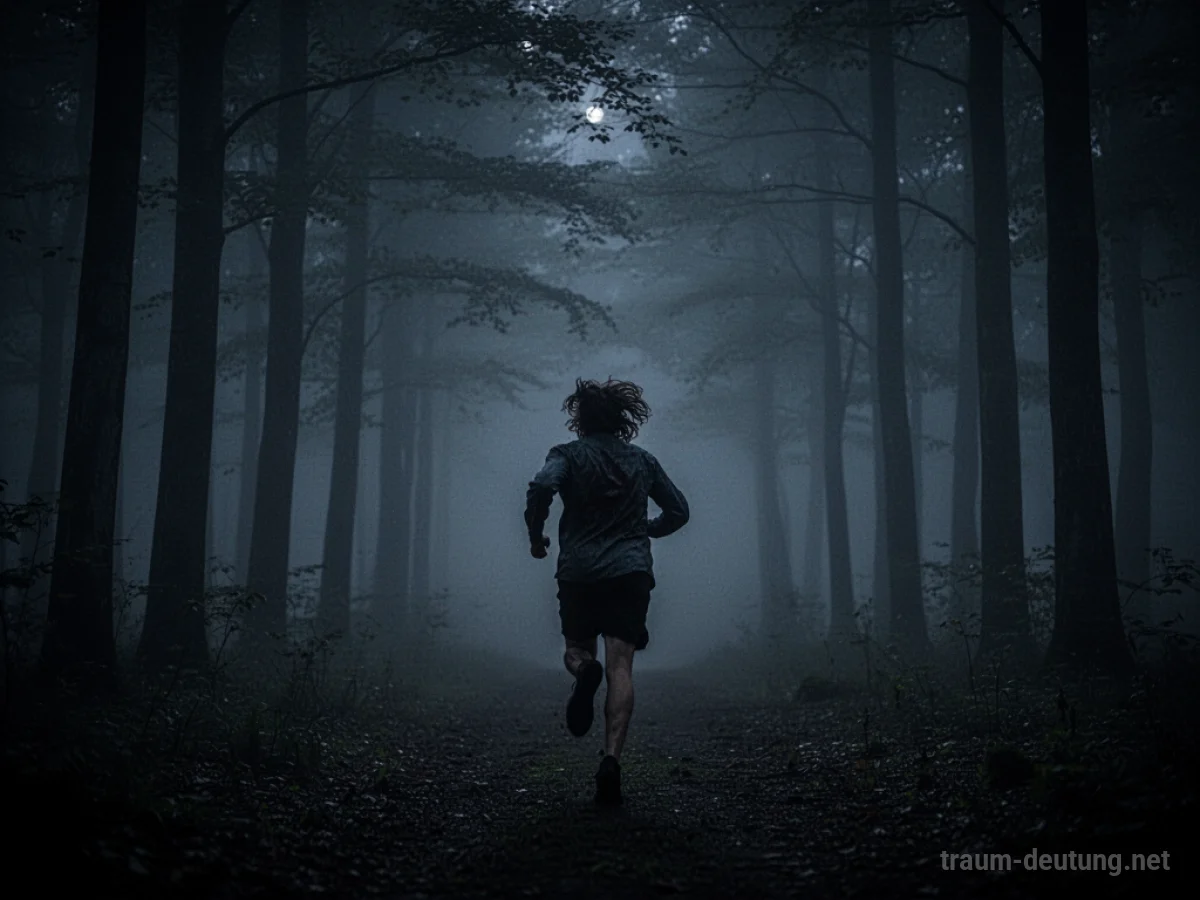 Eine Person rennt im Dunkeln durch einen Wald, verfolgt von einer unsichtbaren Gefahr.