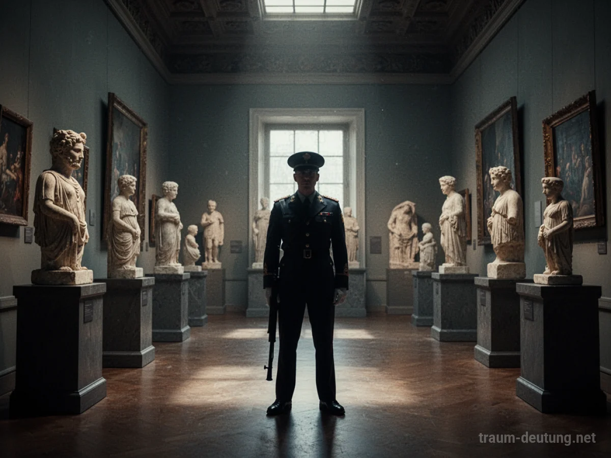 Wachpersonal steht still in einem dunklen Museumssaal mit ausgestellten Artefakten.