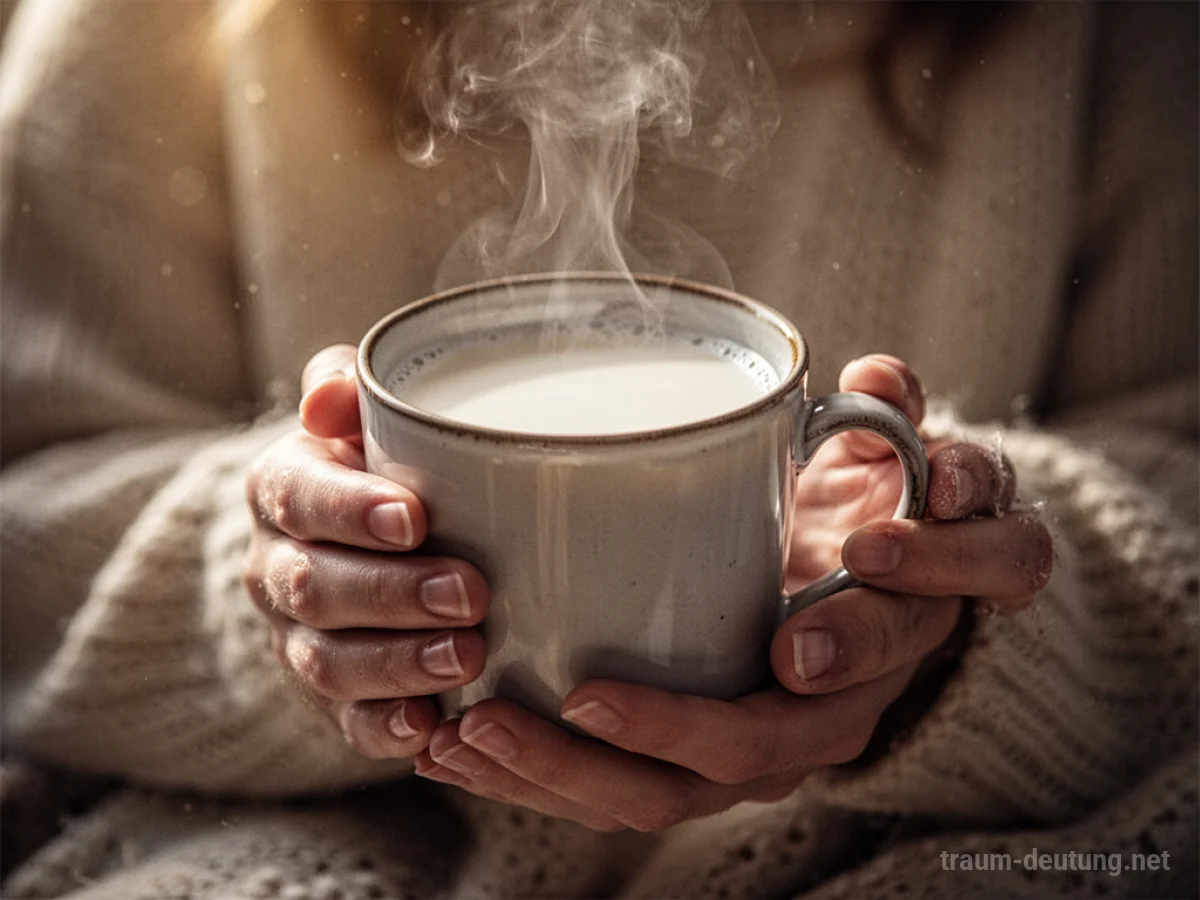 Hände halten eine dampfende Tasse warme Milch, sanftes Licht.