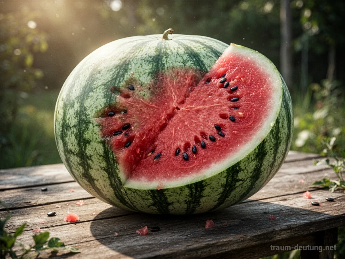 Aufgeschnittene Wassermelone mit saftigem roten Fruchtfleisch auf einem Holztisch.