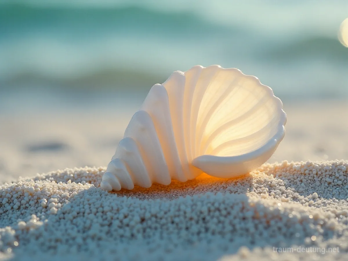 Eine weiß glänzende Muschel liegt auf Sand.