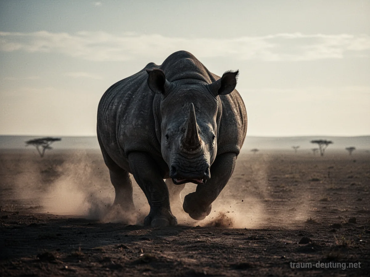 Silhouette eines aggressiven Nashorns in einer staubigen Landschaft
