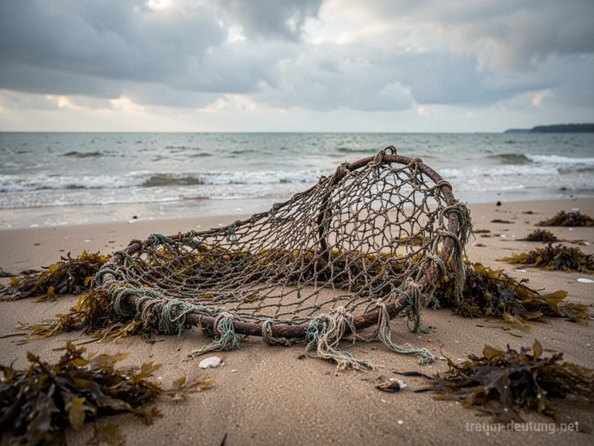 Ein altes, zerrissenes Fischernetz liegt am Strand.