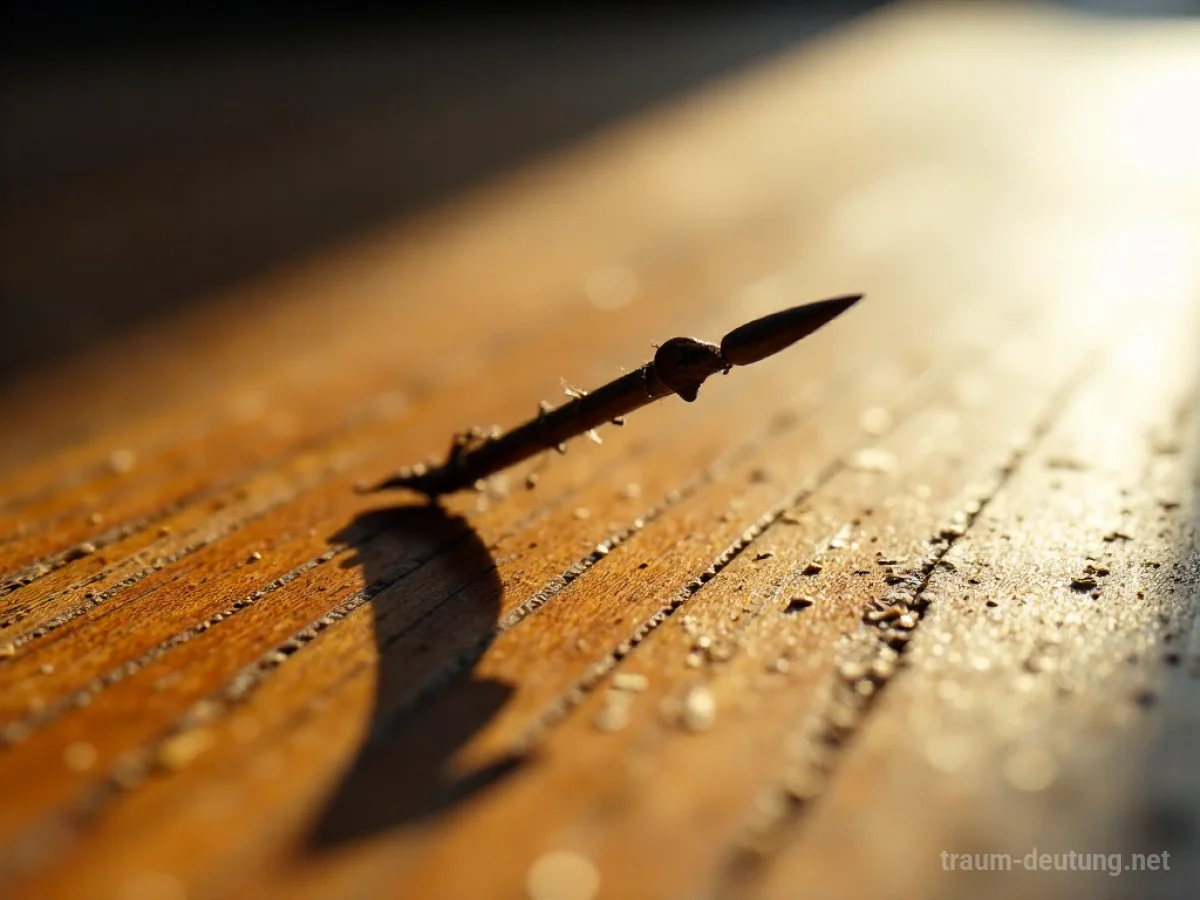 Ein spitzer Nagel liegt auf einem Holzboden, Schatten wirft ein scharfes Licht.