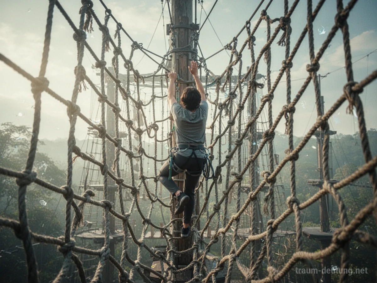 Person klettert auf einem robusten Seilnetz empor