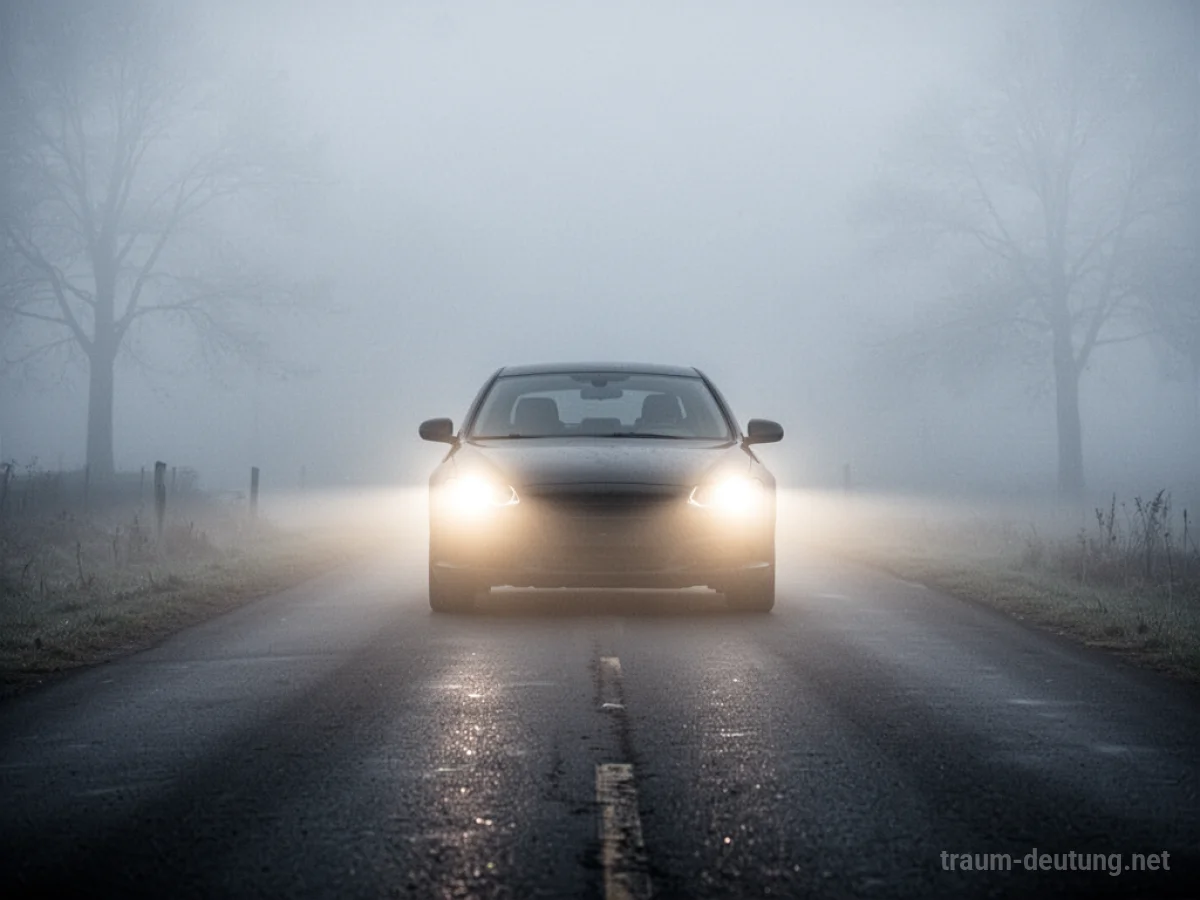 Ein Auto fährt durch dichten Nebel auf einer einsamen Straße, dessen Scheinwerfer kaum den Weg erhellen.