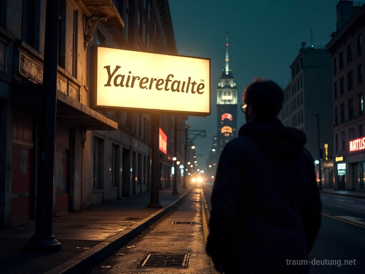 Eine Person blickt auf ein leuchtendes Plakat mit einem berühmten Namen in einer dunklen Straße.
