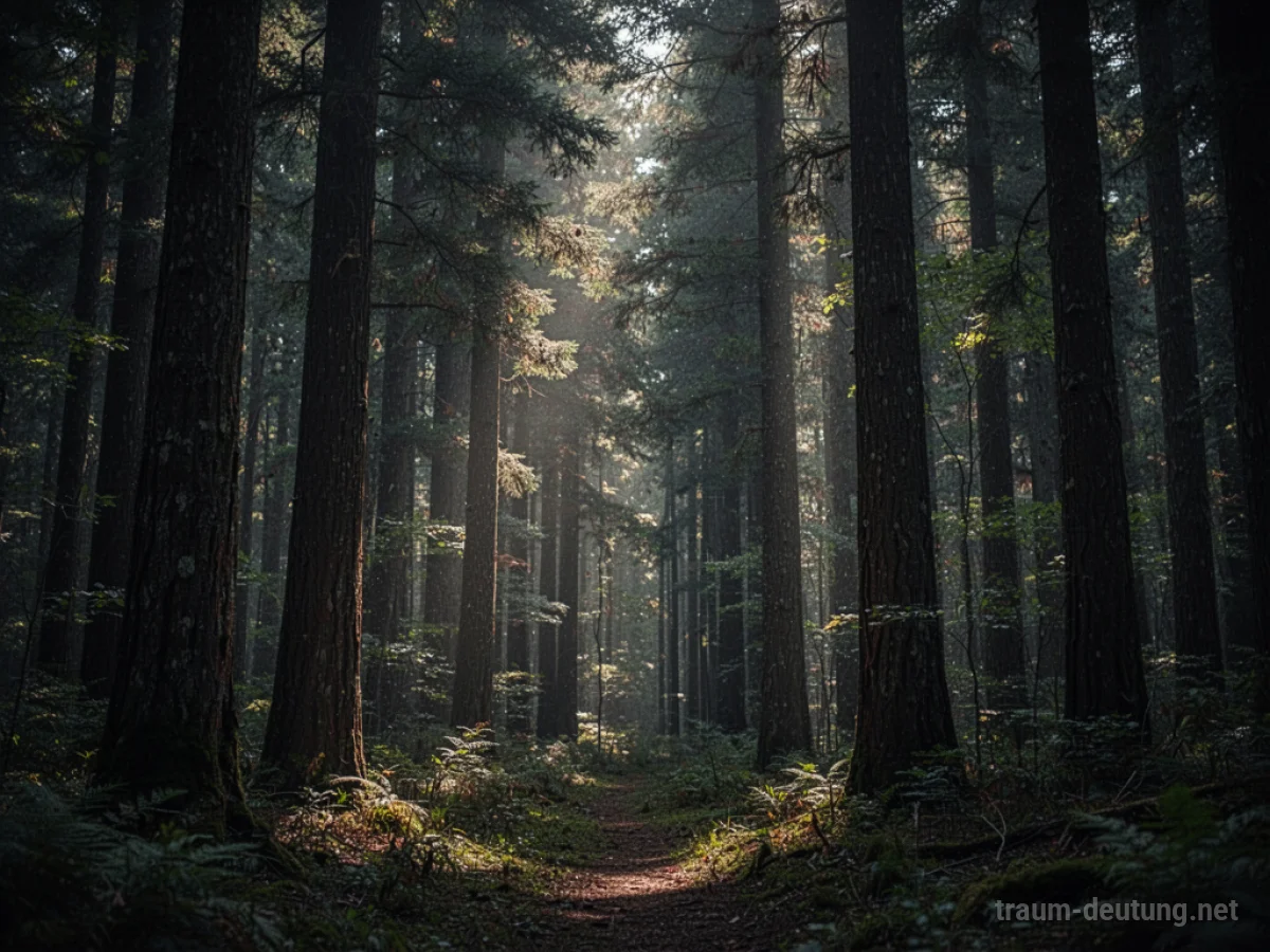 Ein dichter, dunkler Wald mit hohen Bäumen und wenig Licht.