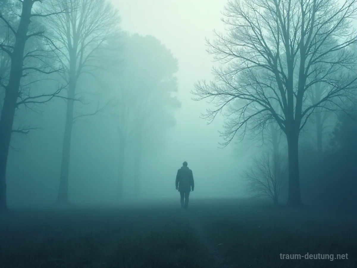 Eine Person geht durch dichten Nebel, die Sicht ist stark eingeschränkt.