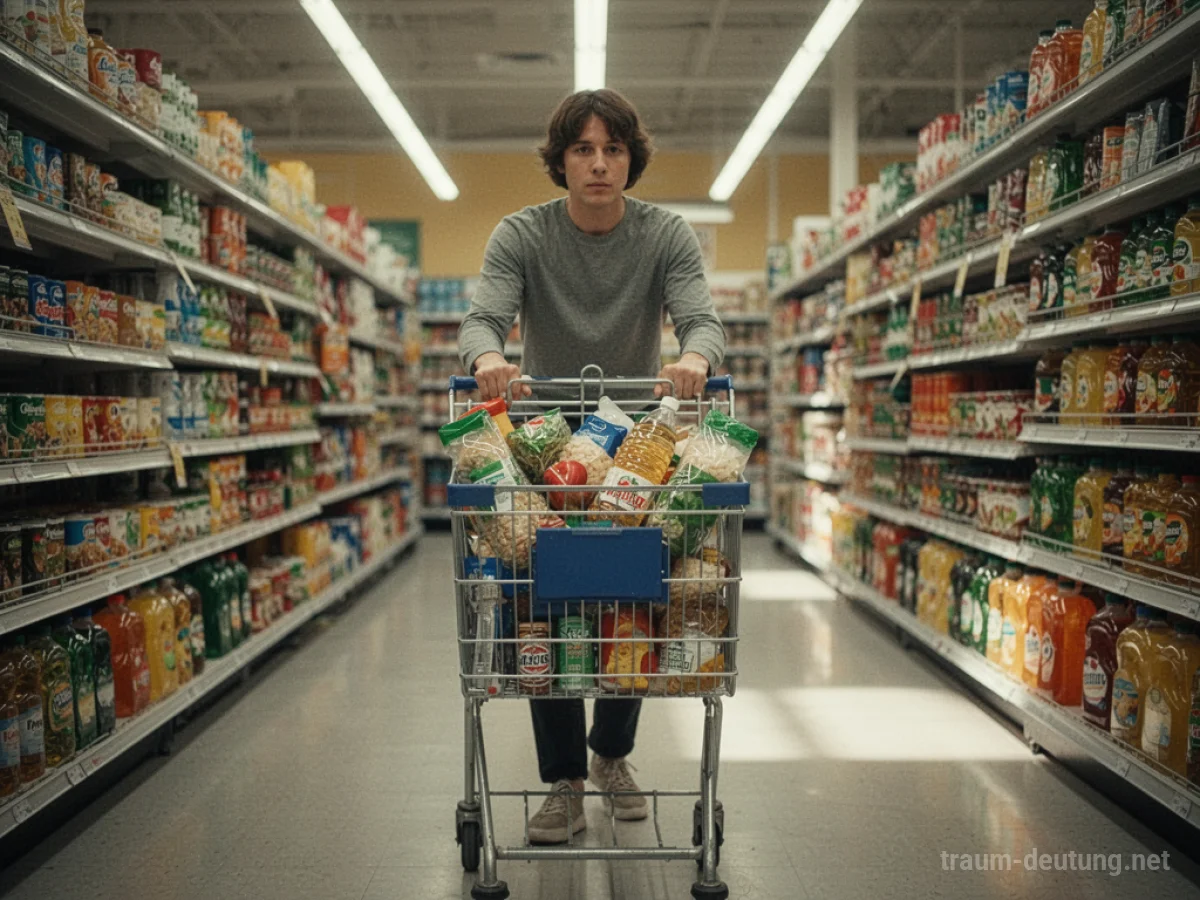 Person mit Einkaufswagen voller Lebensmittel in einem hellen Supermarkt.