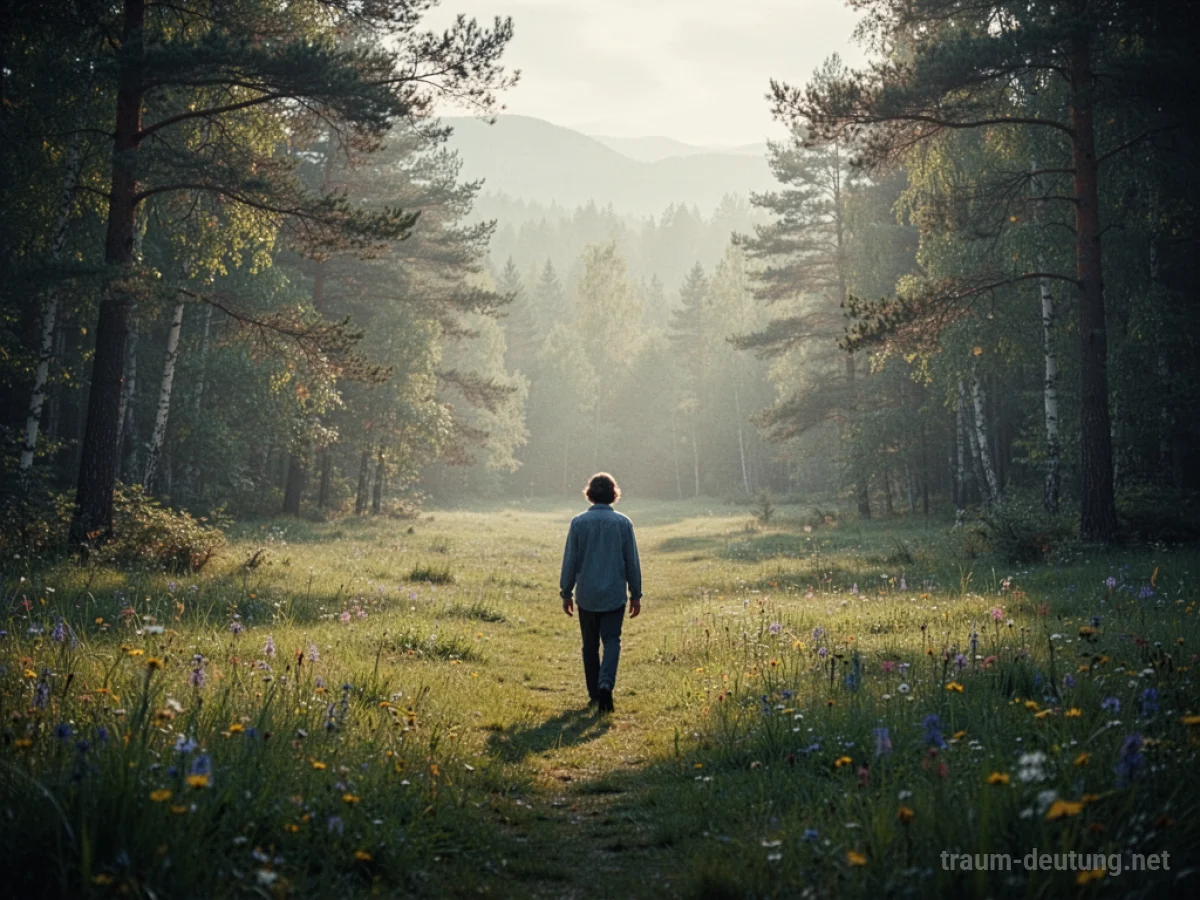 Eine einsame Person wandert durch eine weite, ruhige Naturlandschaft.