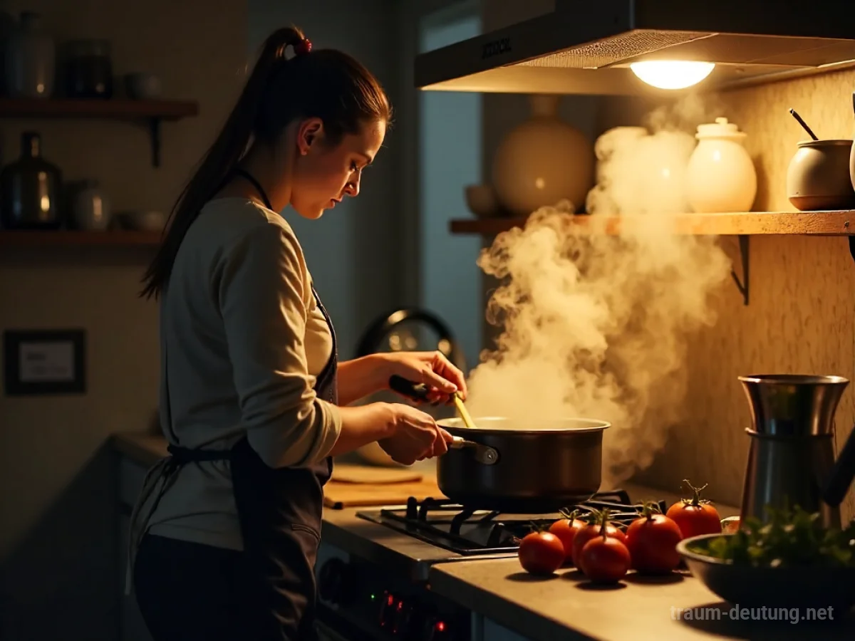 Eine Person kocht Essen in einer gemütlichen Küche.