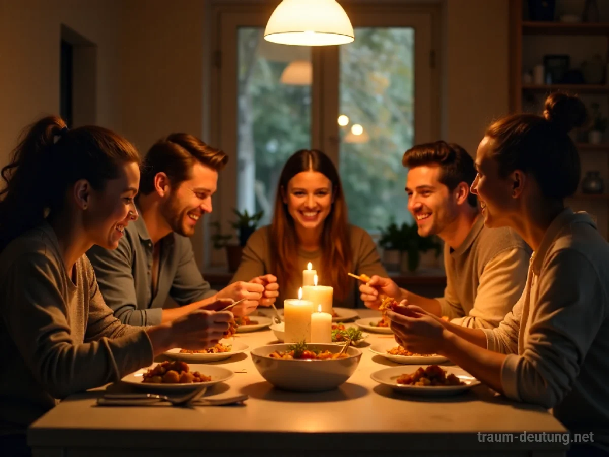 Familie isst gemeinsam am Tisch, lachend und sich austauschend.