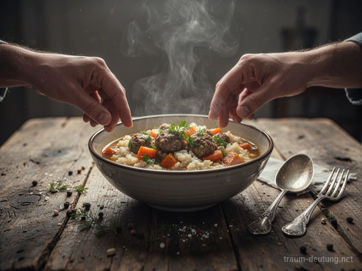 Hand greift nach einer Schüssel mit Essen auf einem Holztisch.