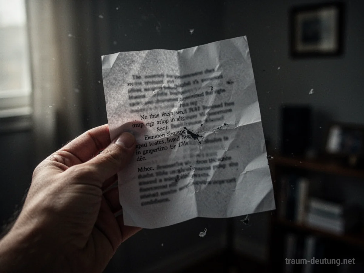 Eine Hand hält zerknülltes Papier mit undeutlichem Text.