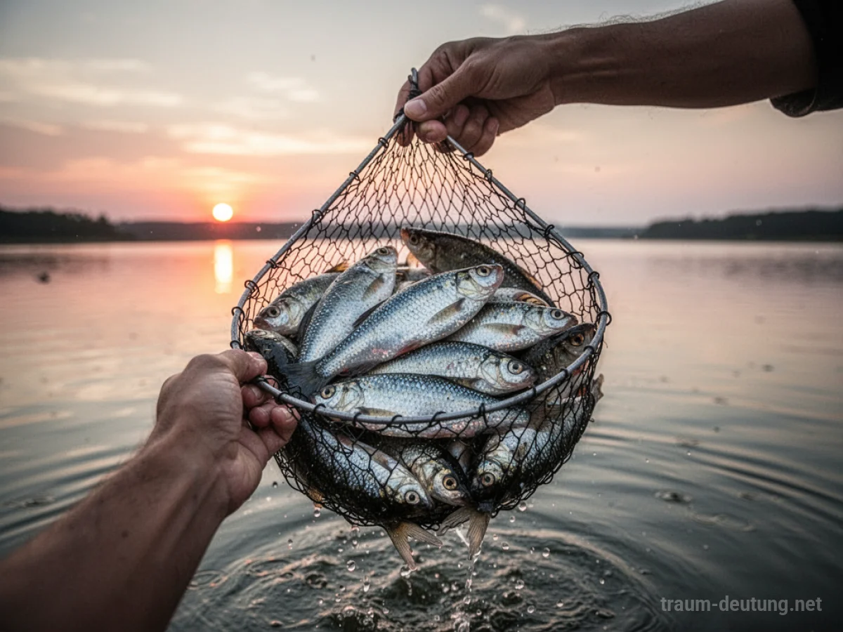 Netz mit glänzenden Fischen in der Hand vor ruhigem Wasser und Sonnenaufgang