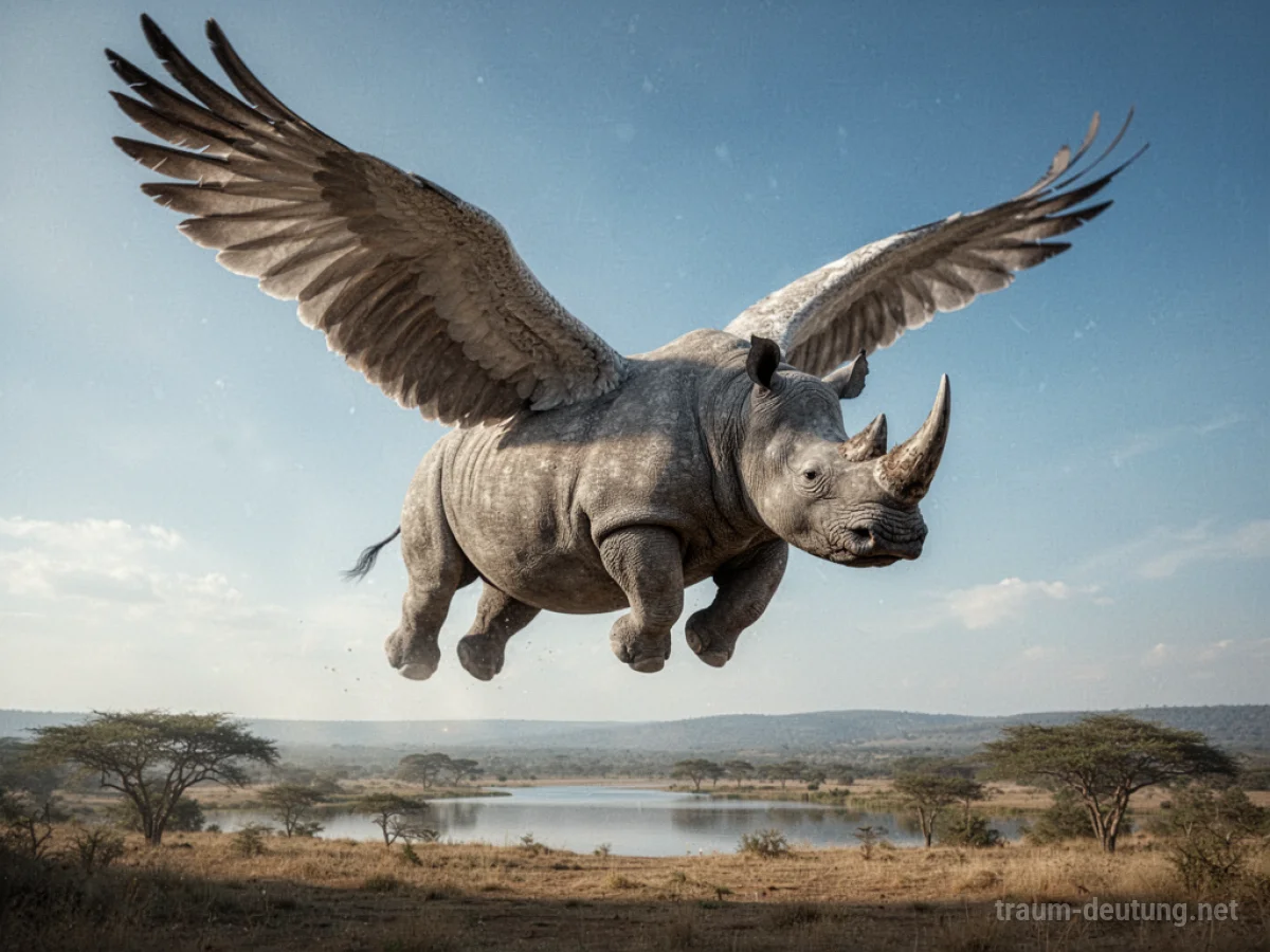 Ein Nashorn mit Flügeln fliegt durch einen blauen Himmel.