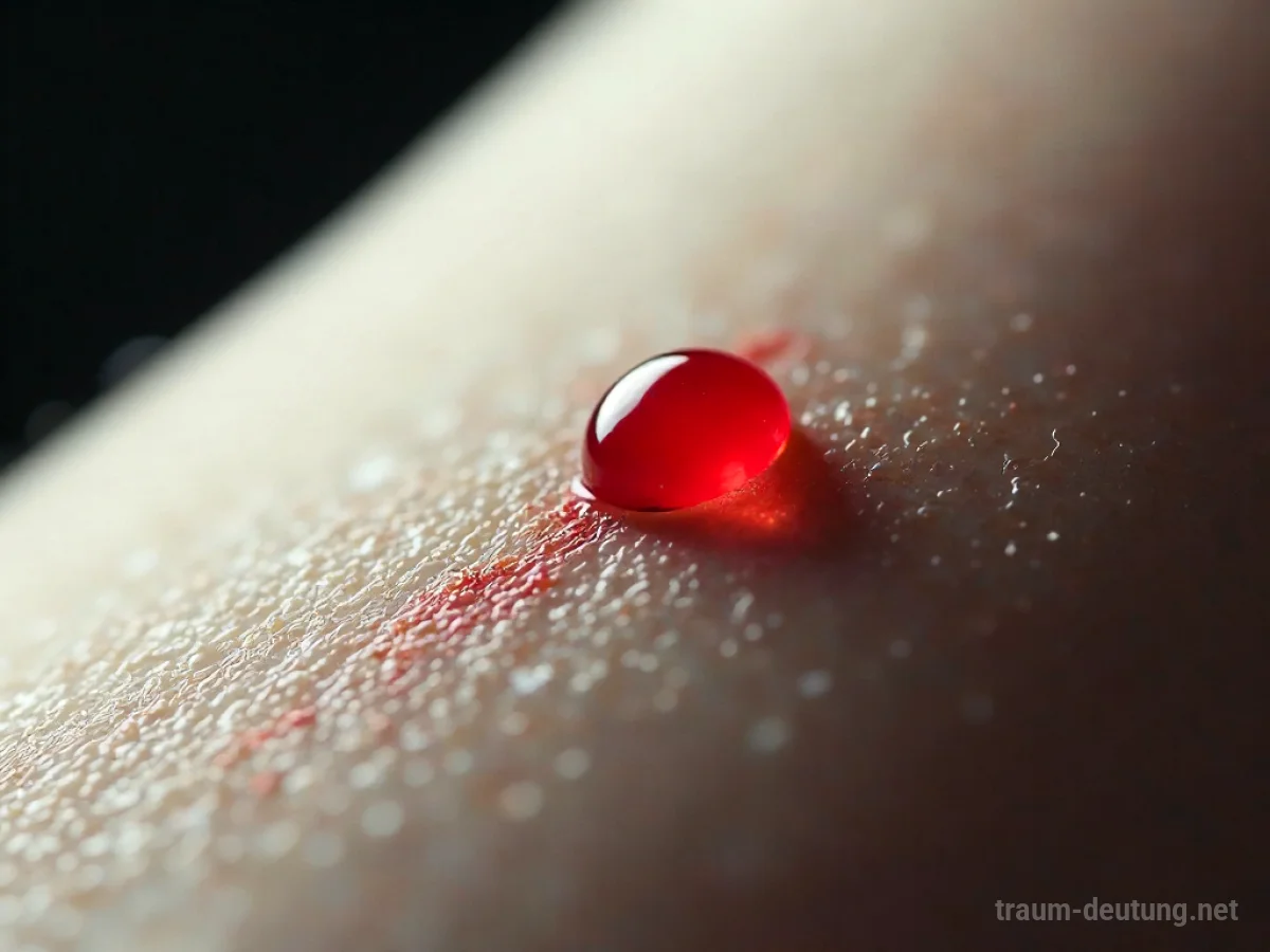 Eine frische Narbe, aus der ein einzelner Tropfen roter Flüssigkeit austritt.