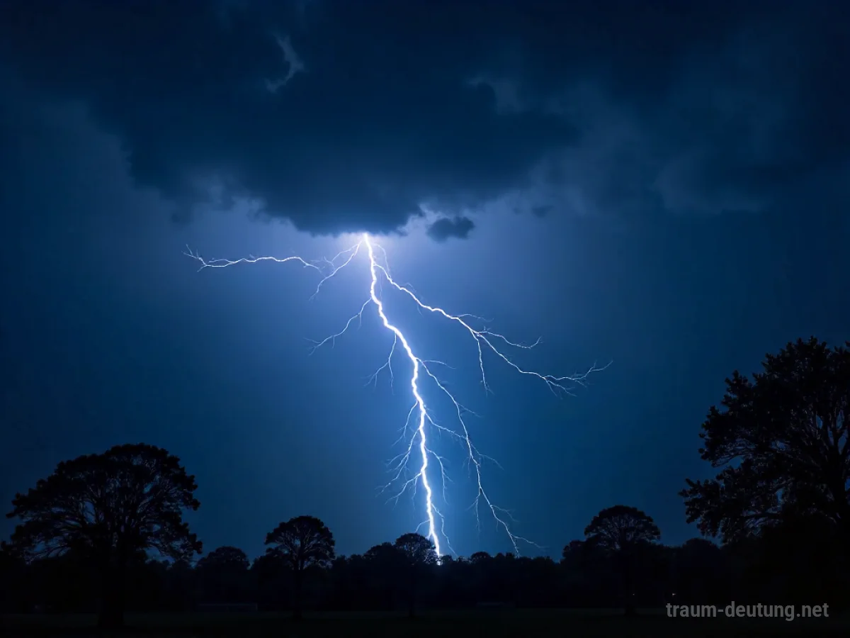 Gewitter bei Nacht mit Blitzen über dunklen Bäumen.