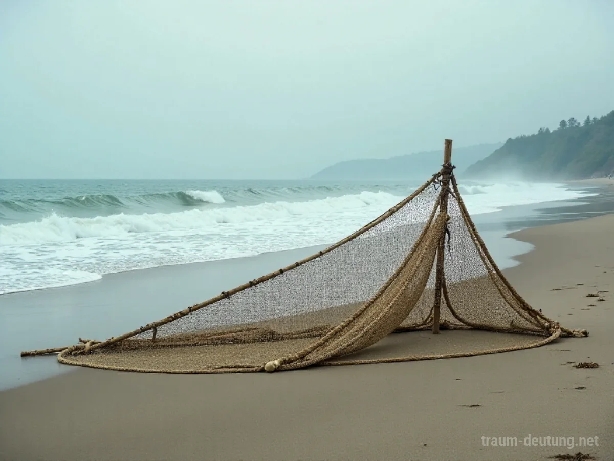 Ein großes, leeres Fischernetz am Strand, das ins Meer ragt.