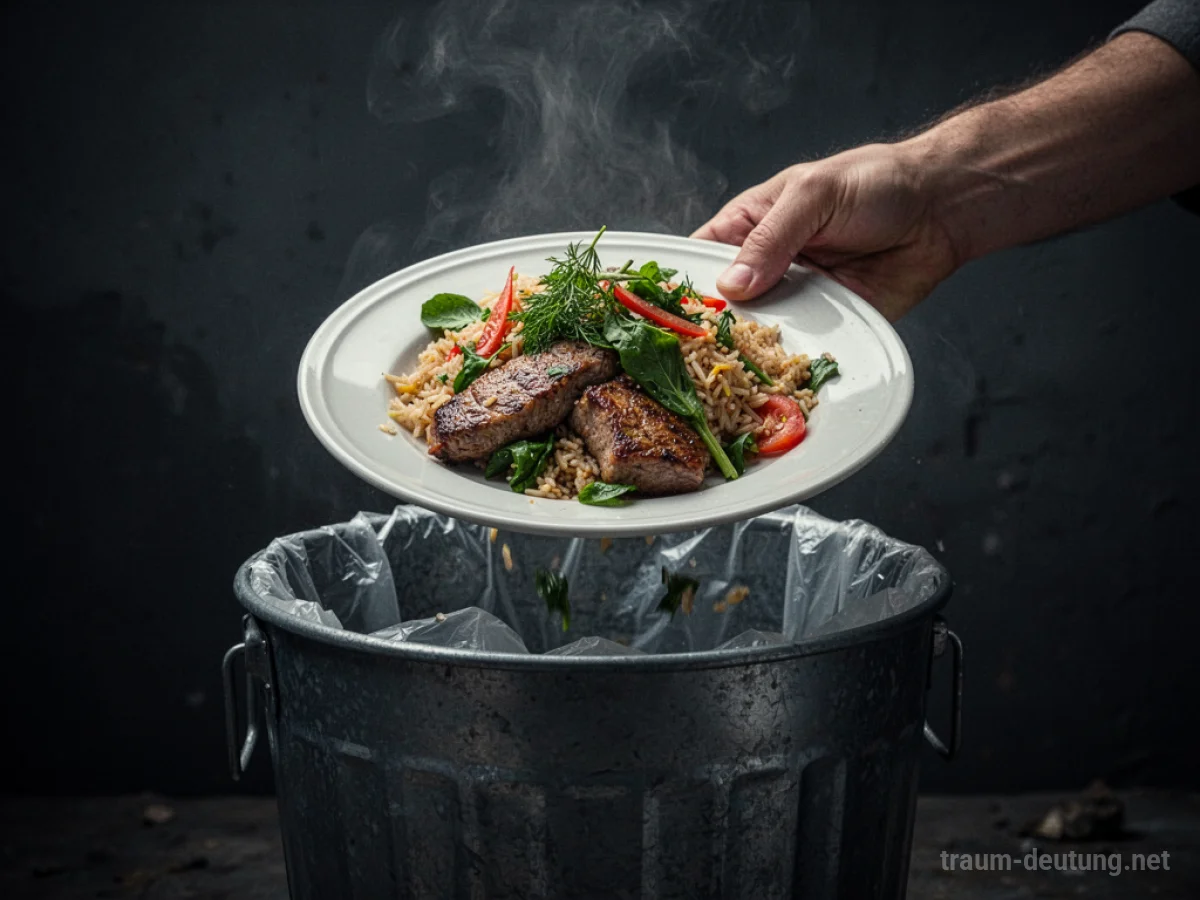 Ein Teller mit appetitlichem Essen wird in einen Mülleimer geworfen.