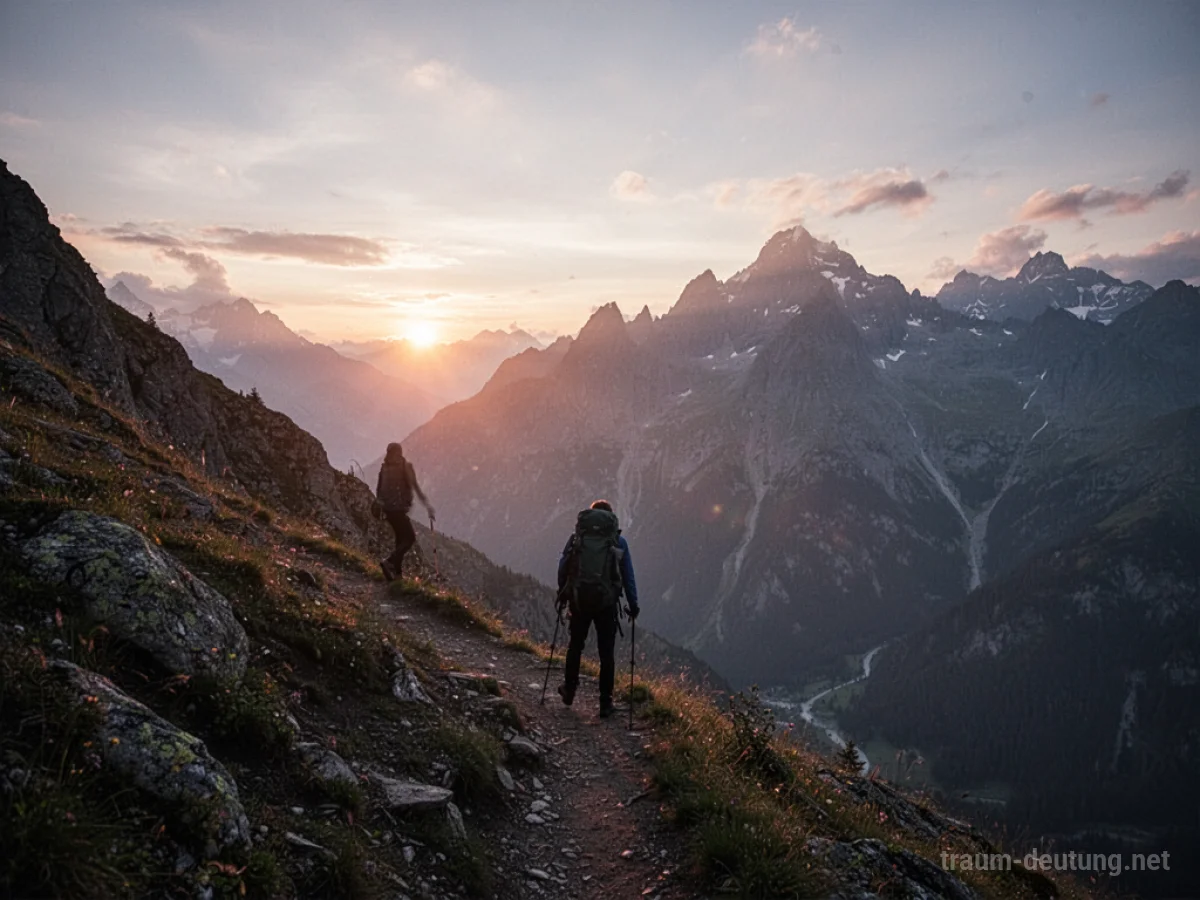 Silhouette einer Person, die einen hohen Berg erklimmt, mit der aufgehenden Sonne im Hintergrund.