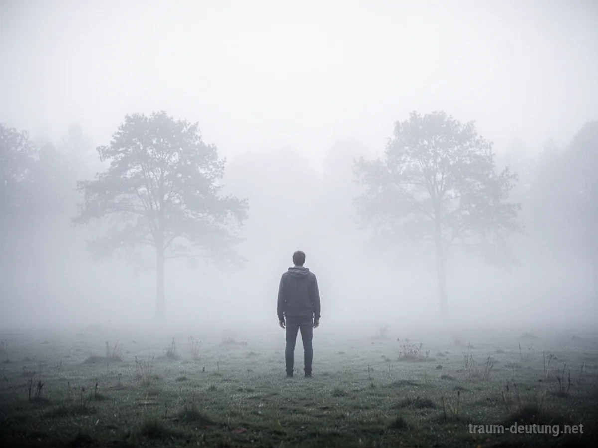 Eine Person steht im dichten Nebel mit schemenhaften Bäumen im Hintergrund.