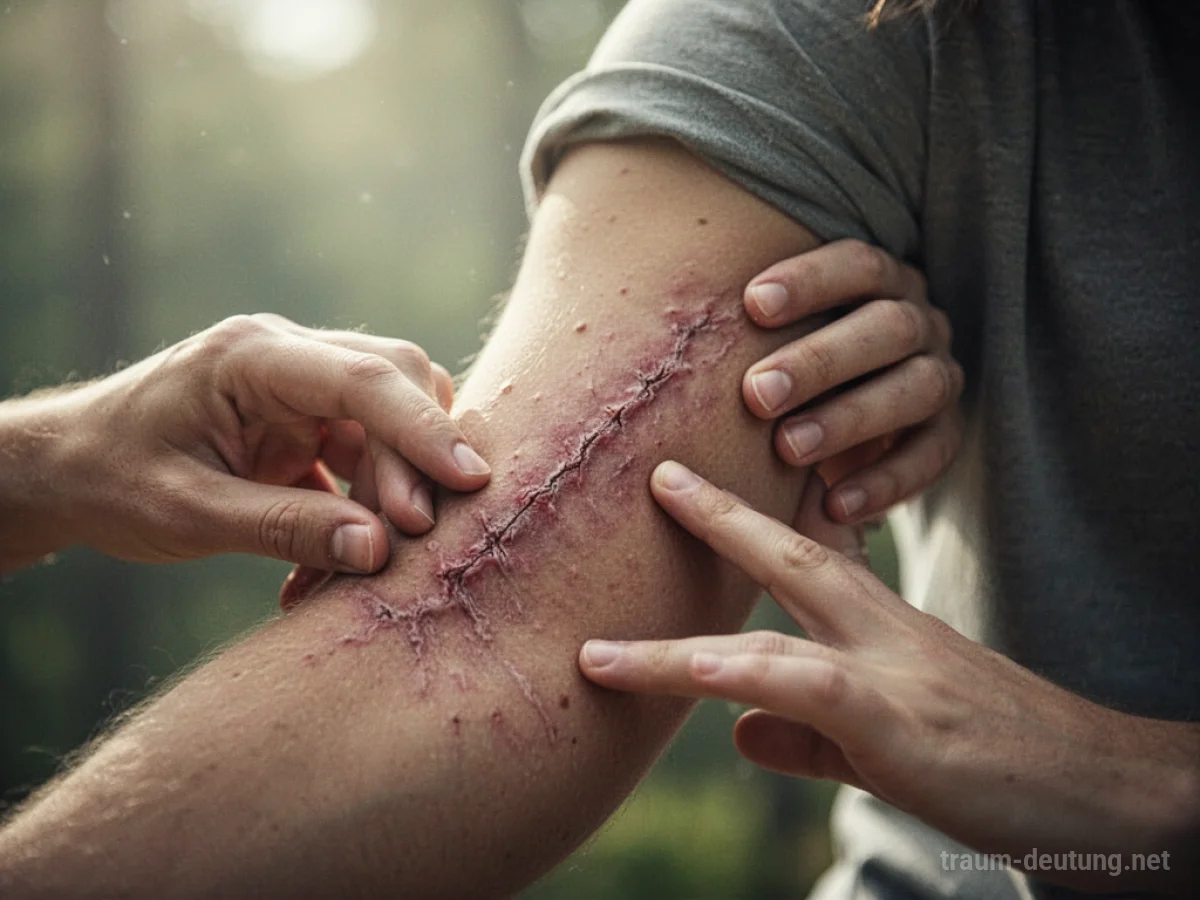 Hand berührt sanft eine alte Narbe am Arm im sanften Licht.