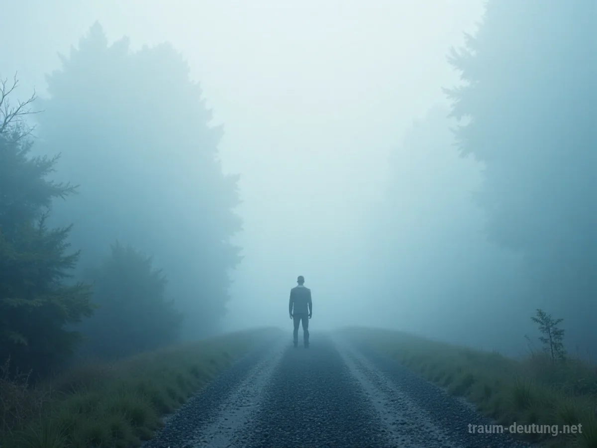 Eine einsame Person steht im dichten Nebel und kann den Weg nicht erkennen.