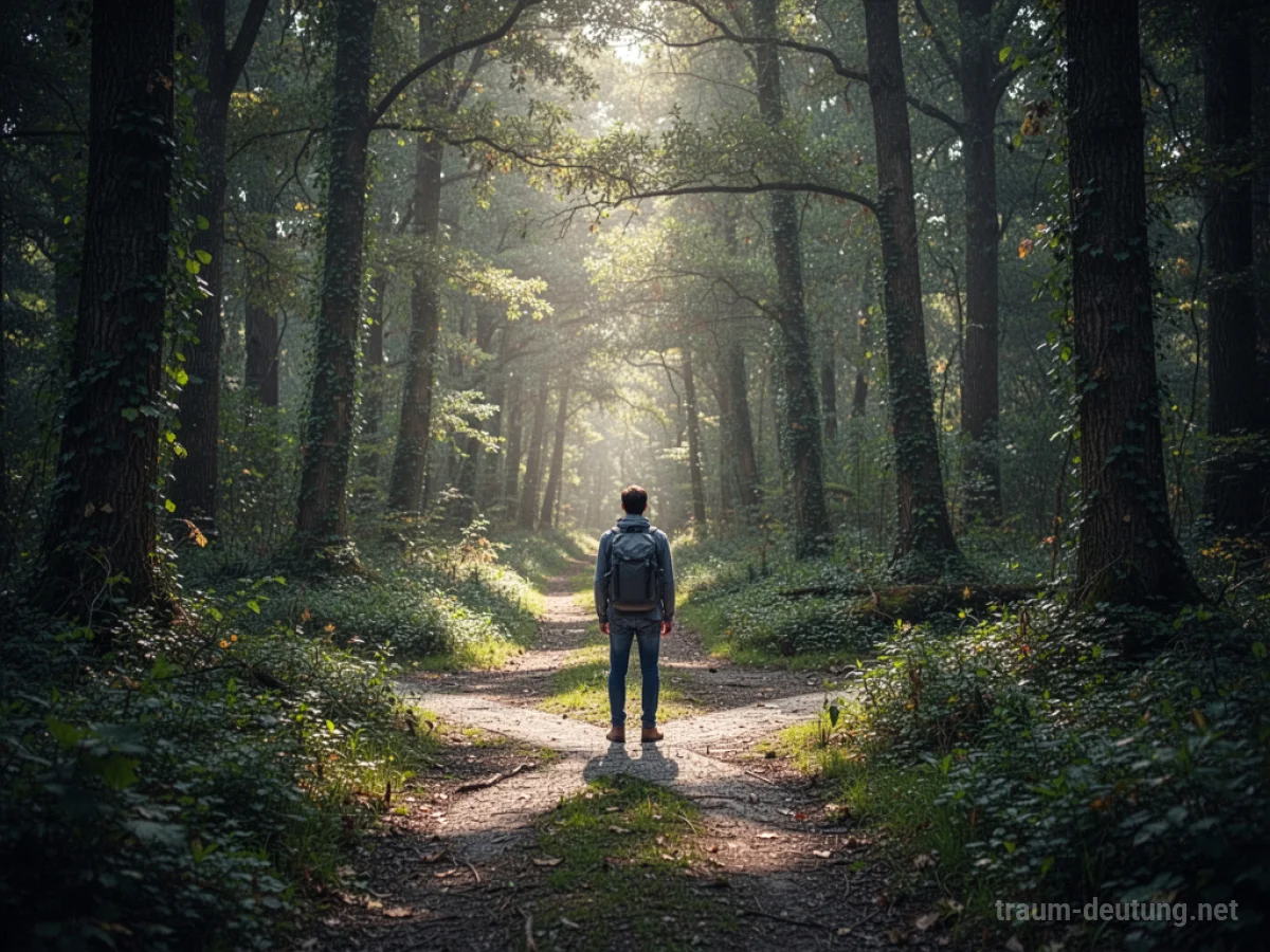 Person steht an einer Weggabelung in einem dichten Wald.