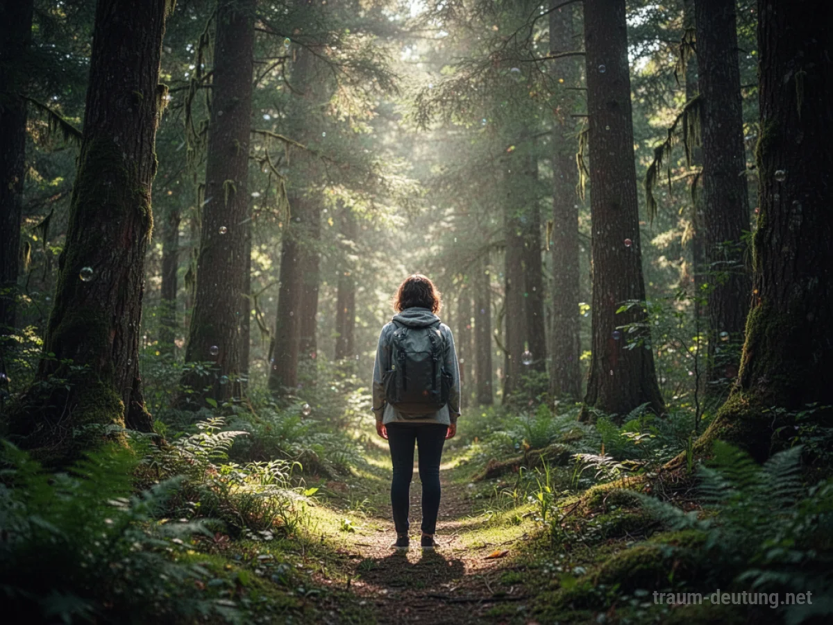 Eine Person steht friedlich in einem unberührten Wald mit Sonnenstrahlen.