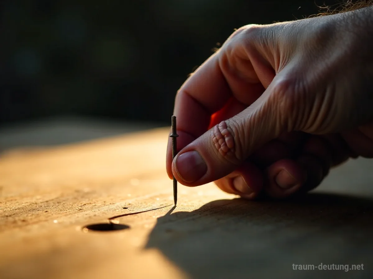 Hand zieht einen Nagel aus Holz