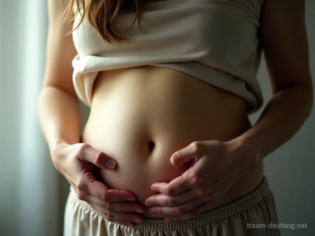 Eine Person betrachtet ihren Bauch, wo kein Nabel sichtbar ist.