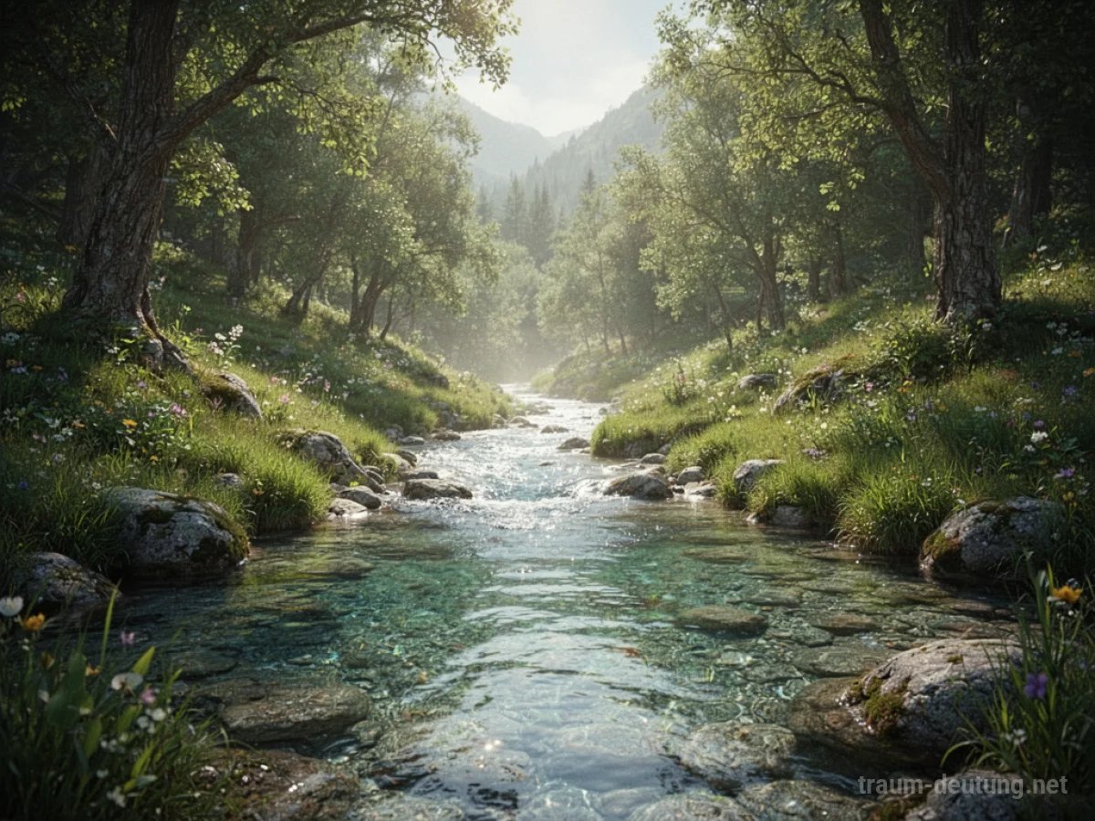 Klares Wasser fließt in einem Bach inmitten einer grünen Naturlandschaft.