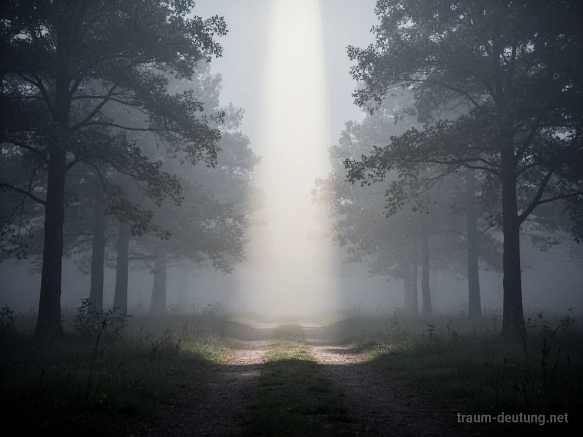 Ein Lichtstrahl durchdringt dichten Nebel und beleuchtet einen Weg.