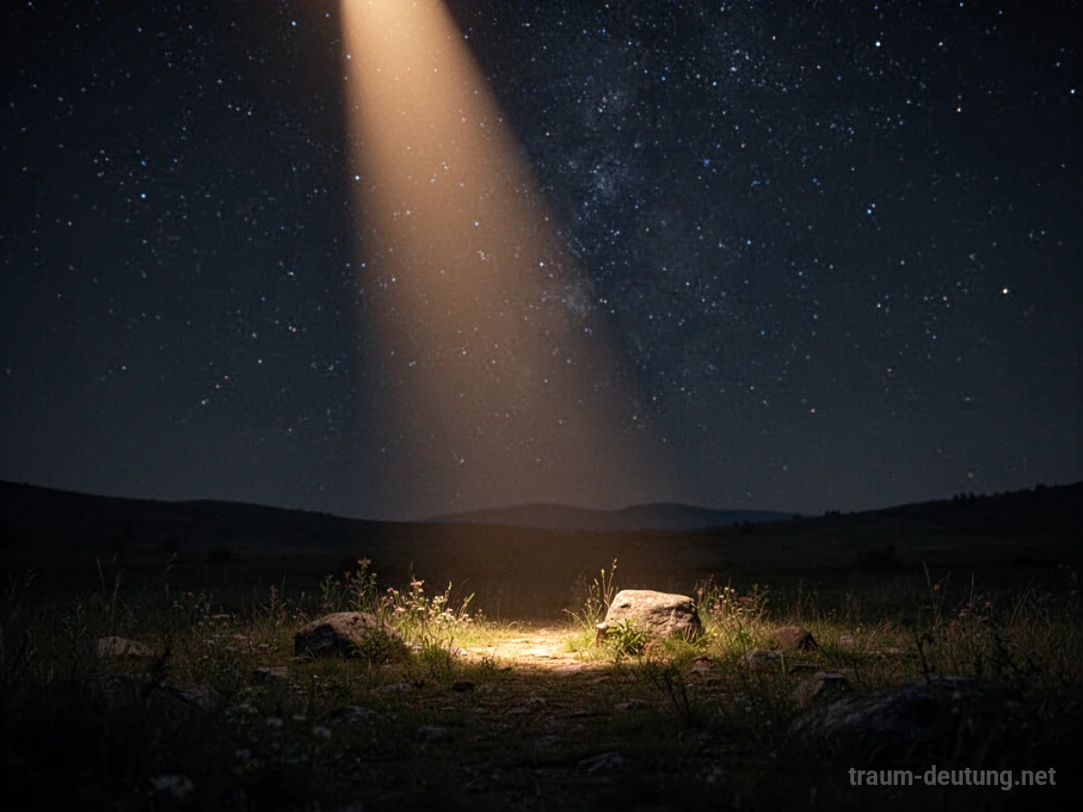 Ein Lichtstrahl durchbricht die dunkle Nacht und beleuchtet den Boden.