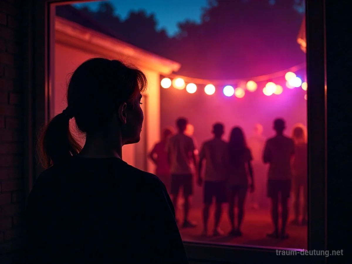 Silhouette einer Person blickt durch ein Fenster auf eine Nachbarparty.