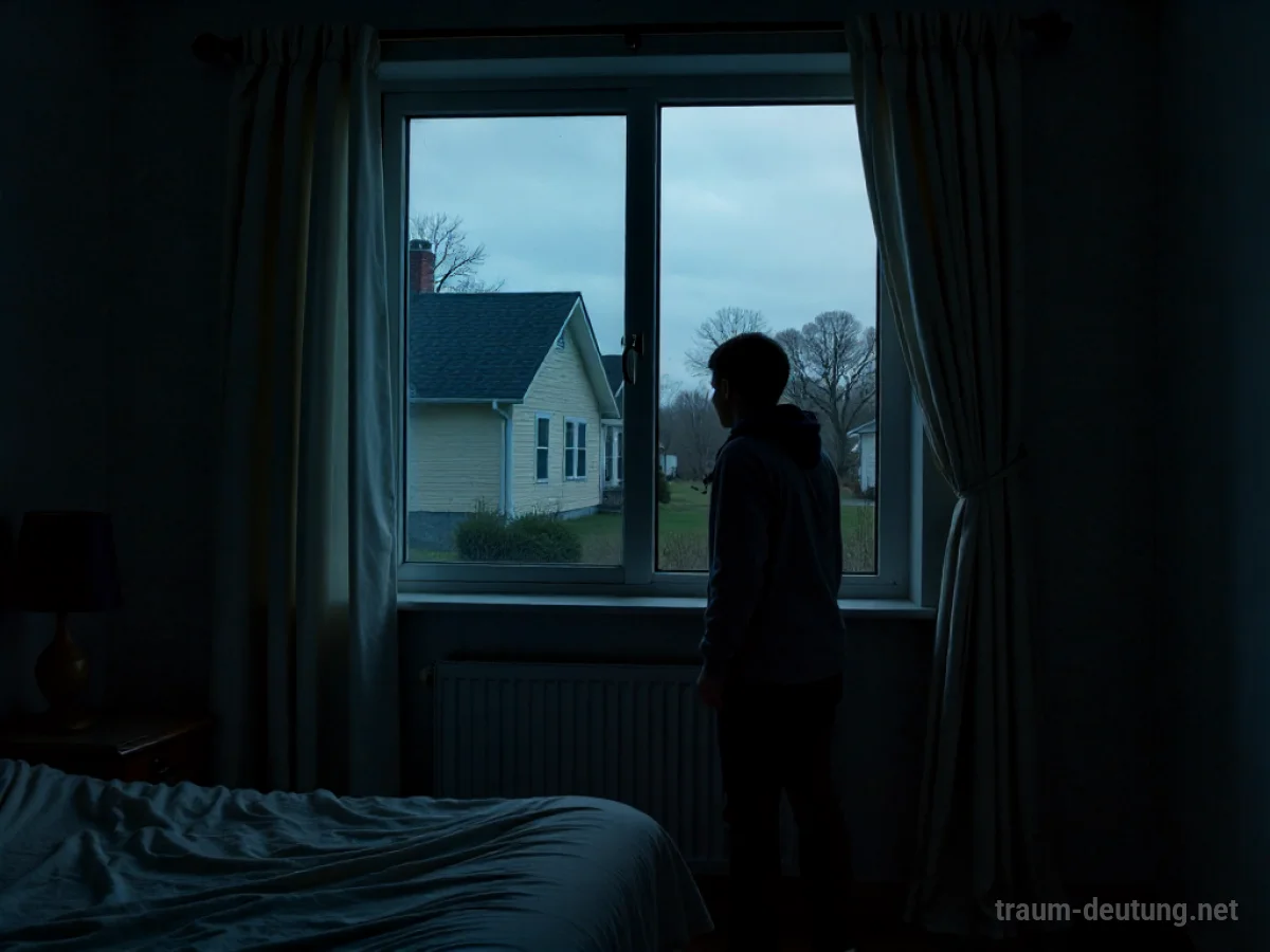 Silhouette einer Person blickt aus dem Fenster zum Nachbarhaus.