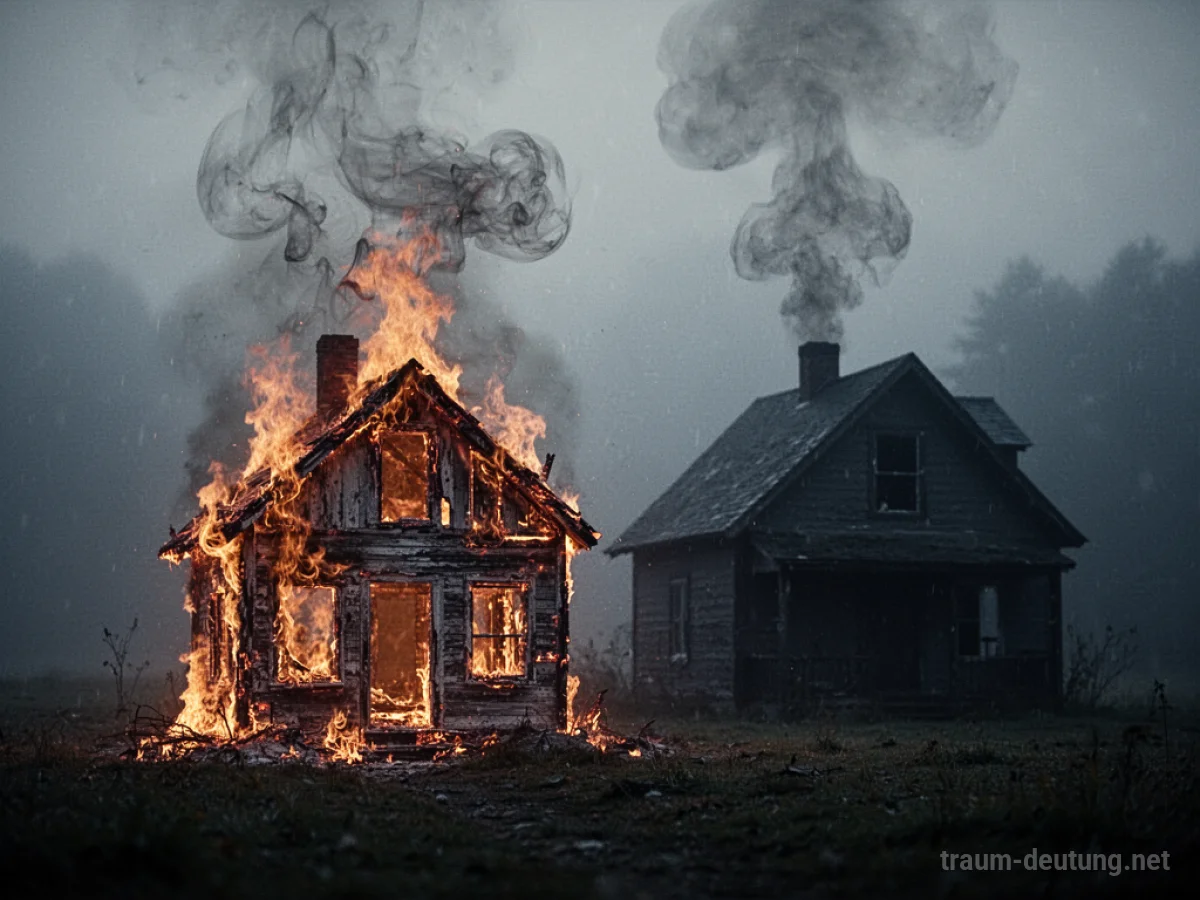 Symbolische Darstellung eines brennenden Nachbarhauses mit dunklem Rauch