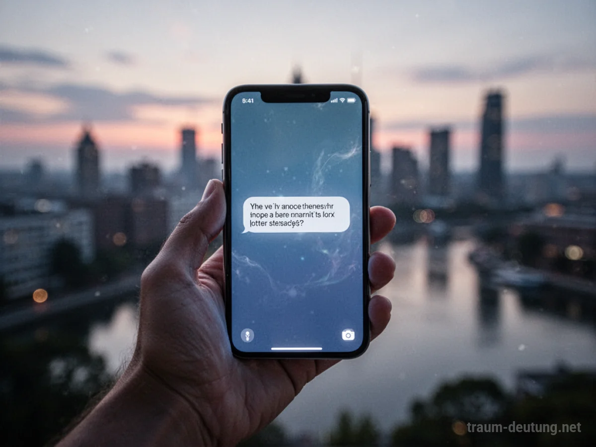 Hand hält Smartphone mit Nachricht, im Hintergrund eine Stadt bei Dämmerung.