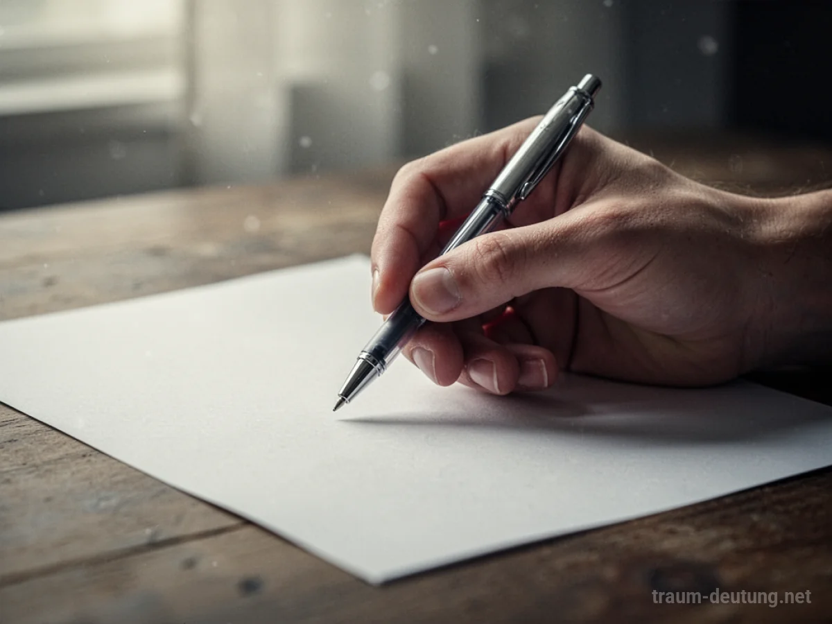 Hand hält Stift über leerem Blatt Papier