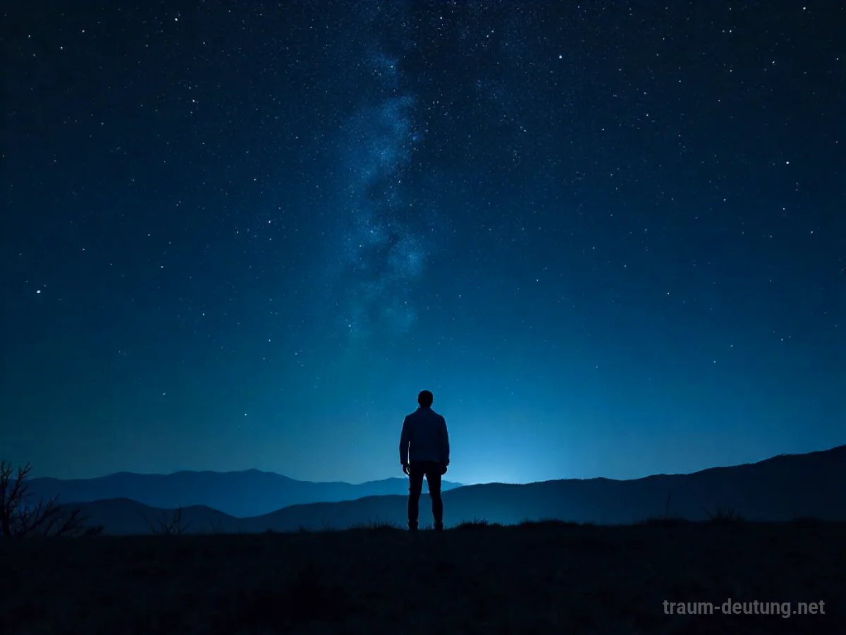 Eine einsame Silhouette steht nachts unter einem weiten Sternenhimmel.