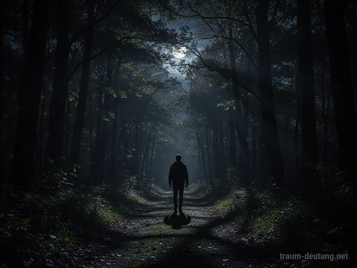 Eine einsame Gestalt verläuft sich im dunklen Wald bei Nacht.
