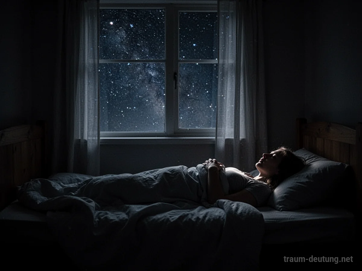 Eine Person liegt wach im Bett, während draußen die Nacht hereinbricht.