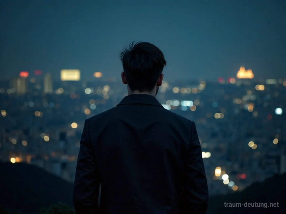 Person blickt auf eine nächtliche Stadtlandschaft mit fernen Lichtern.