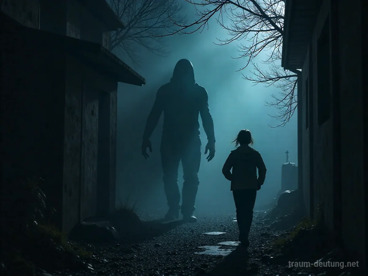 Silhouetten von Personen, die nachts vor einer dunklen Monsterfigur fliehen.