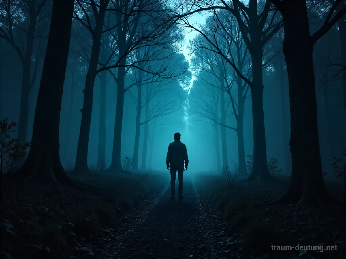 Dunkler Wald bei Nacht mit angedeuteten Tier-Schatten, eine Person wirkt verängstigt.