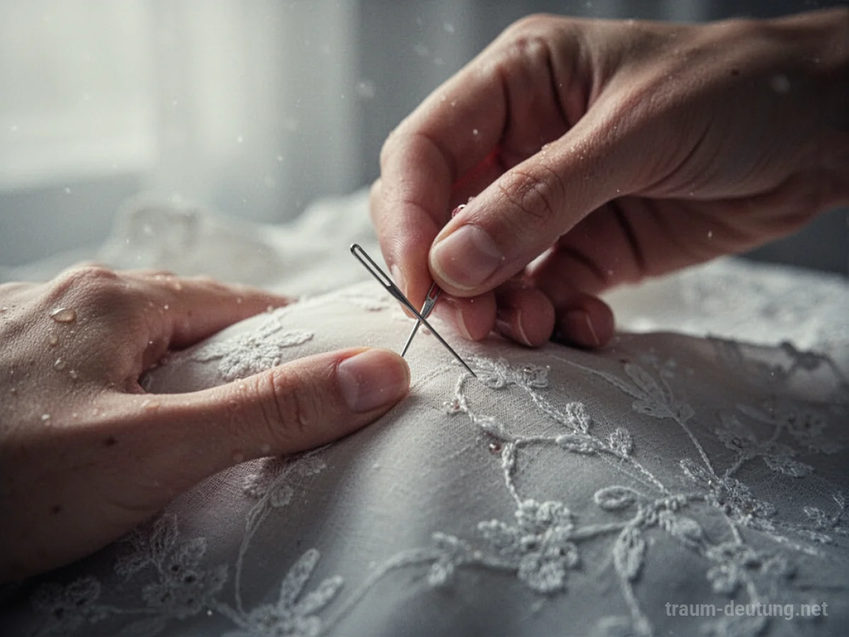 Hand entfernt Nadel aus Stoff, symbolisiert Heilung im Traum